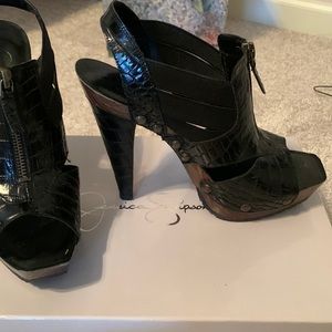 Black leather/wood Jessica Simpson platforms